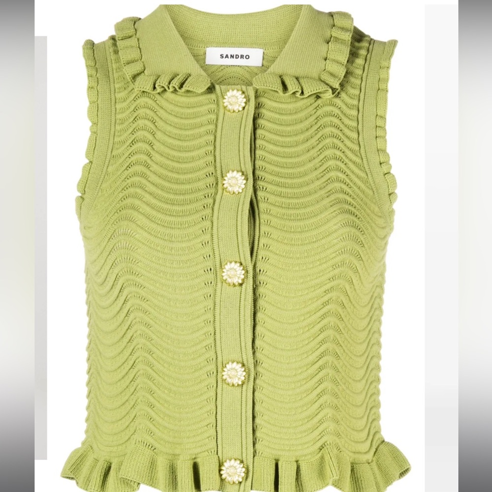 Sandro Olive Green Sleeveless Button-Down Knit Top - Picture 4 of 5